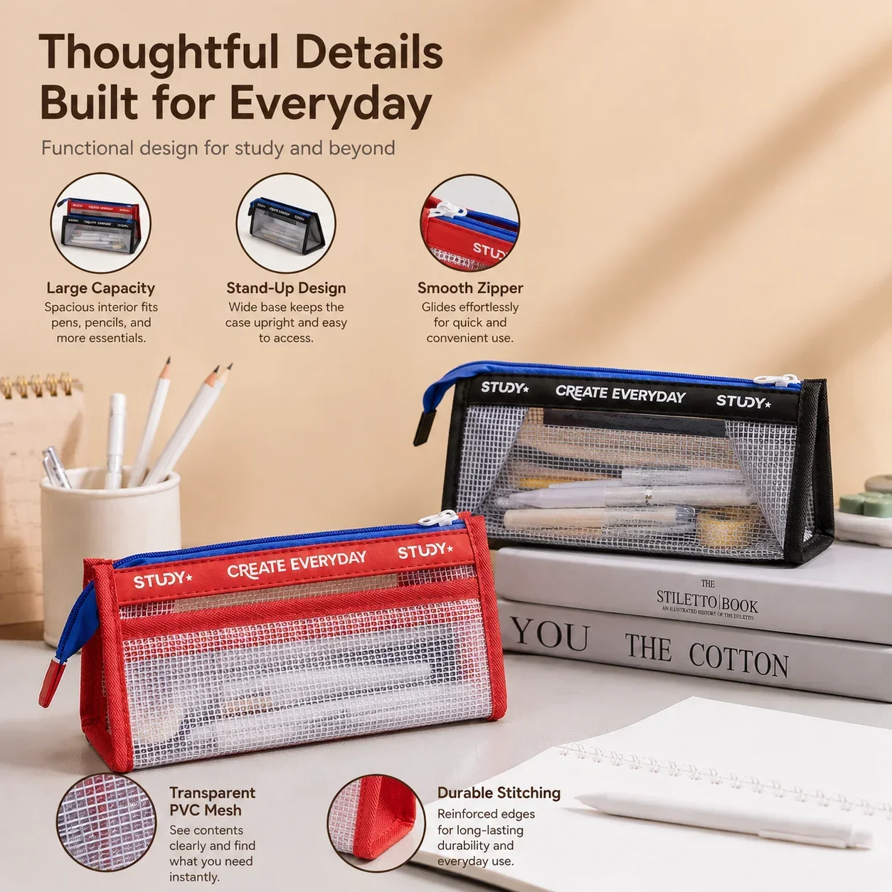 Aesthetic Large Pencil Case Pouch - Przezroczysty piórnik, duża pojemność, przezroczysty futerał