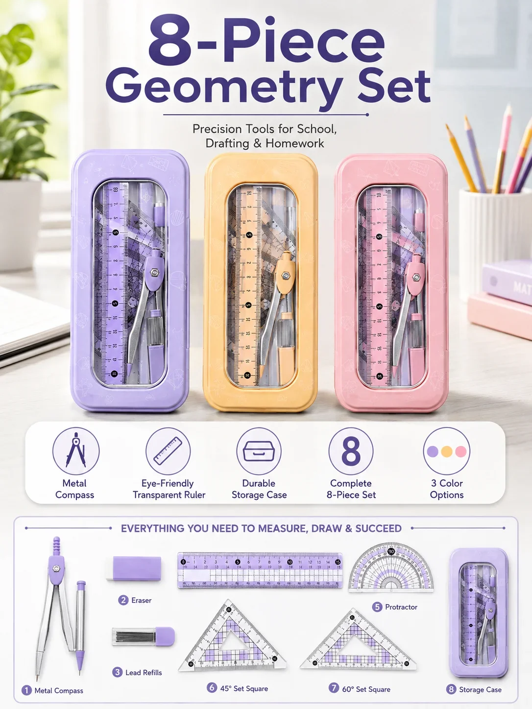 8-częściowy zestaw do rysunku  – Math Geometry Set With Compass recenzja i cena